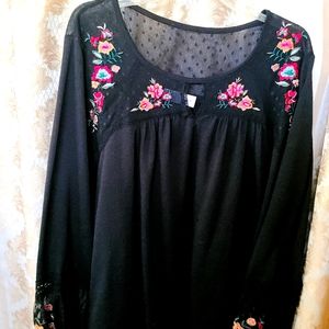 Time true black blouse embroidered floral top long sleeves New x x lg  (20)